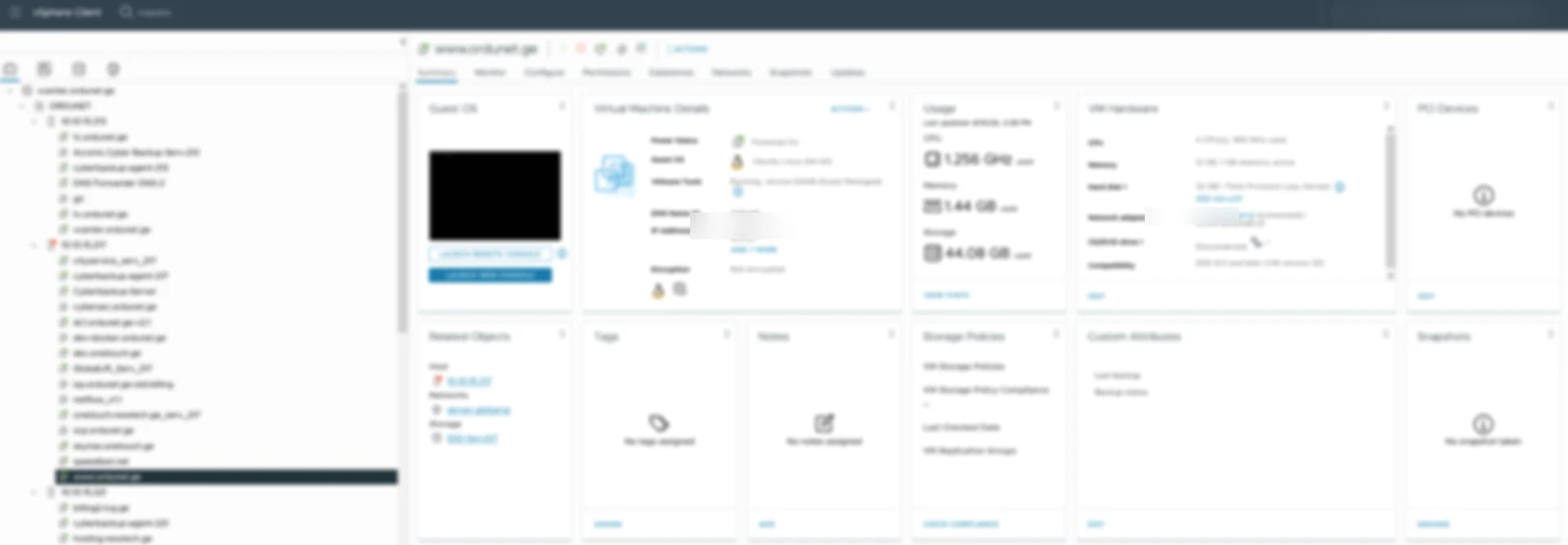 დაბუნდოვნებული vSphere Client — ვირტუალური მანქანების ინვენტარი და ერთი მანქანის რესურსების მაჩვენებლები.