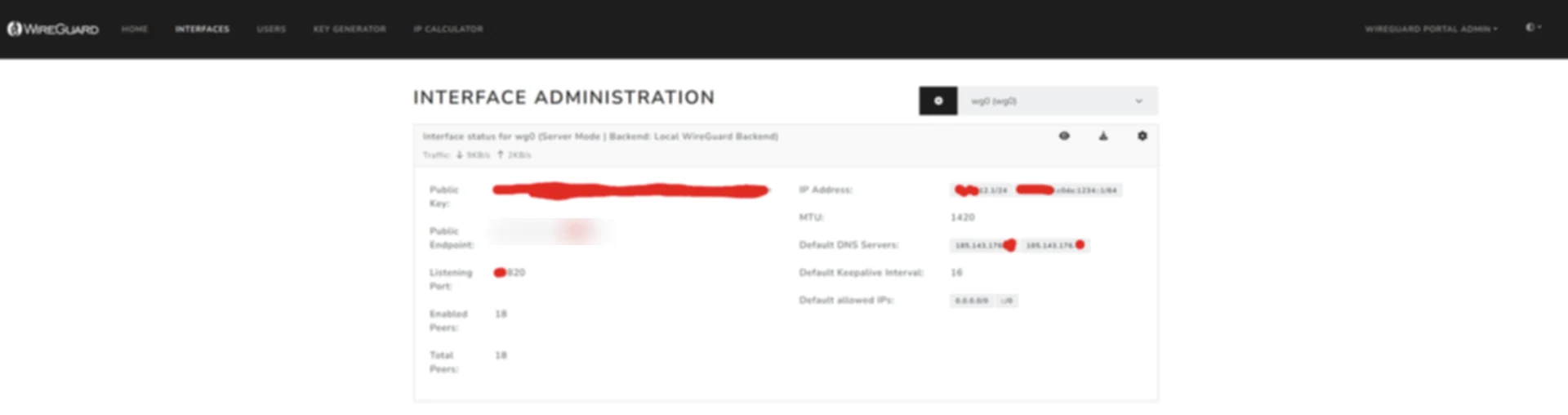 WireGuard Portal-ის ინტერფეისის ადმინისტრირების ეკრანი — peer-ების რაოდენობა და ინტერფეისის პარამეტრები; გასაღებები და მისამართები დაფარულია.